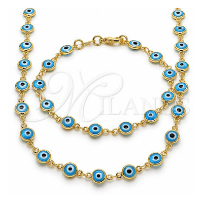 Oro Laminado Necklace and Bracelet, Gold Filled Style Evil Eye Design, Azul claro Resin Finish, Golden Finish, 06.63.0008