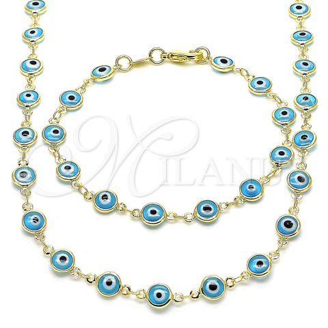 Oro Laminado Necklace and Bracelet, Gold Filled Style Evil Eye Design, Azul claro Resin Finish, Golden Finish, 06.63.0008