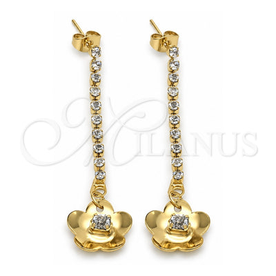 Oro Laminado Long Earring, Gold Filled Style Flower Design, with White Cubic Zirconia, Polished, Golden Finish, 88.02