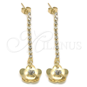 Oro Laminado Long Earring, Gold Filled Style Flower Design, with White Cubic Zirconia, Polished, Golden Finish, 88.02