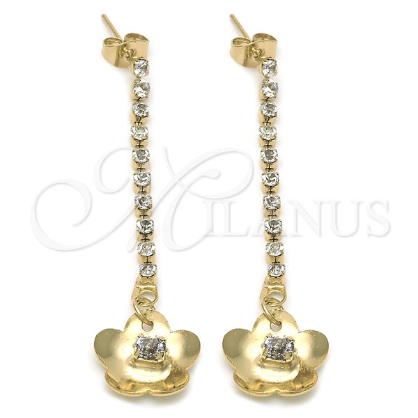 Oro Laminado Long Earring, Gold Filled Style Flower Design, with White Cubic Zirconia, Polished, Golden Finish, 88.02