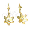 Oro Laminado Dangle Earring, Gold Filled Style Flower Design, with White Cubic Zirconia, Matte Finish, Golden Finish, 88.014