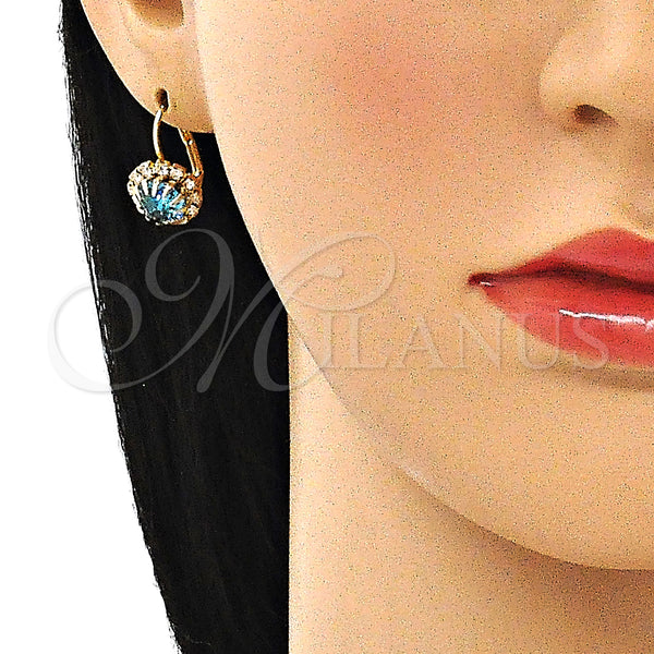 Oro Laminado Leverback Earring, Gold Filled Style Flower Design, with Blue Topaz and White Crystal, Polished, Golden Finish, 5.125.009