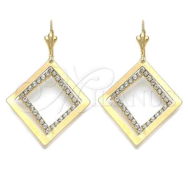 Oro Laminado Long Earring, Gold Filled Style with White Cubic Zirconia, Polished, Golden Finish, 88.006