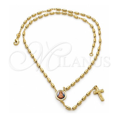 Oro Laminado Thin Rosary, Gold Filled Style Sagrado Corazon de Jesus and Crucifix Design, Polished, Golden Finish, 5.213.007