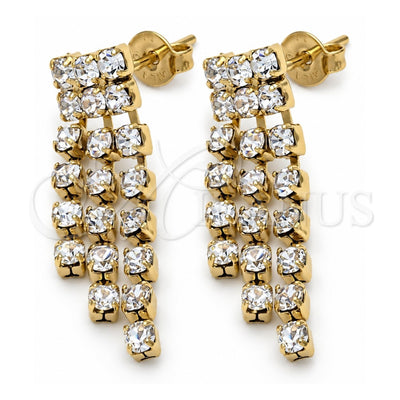Oro Laminado Long Earring, Gold Filled Style with White Cubic Zirconia, Polished, Golden Finish, 5.125.016