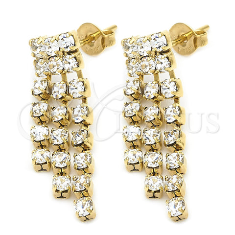 Oro Laminado Long Earring, Gold Filled Style with White Cubic Zirconia, Polished, Golden Finish, 5.125.016