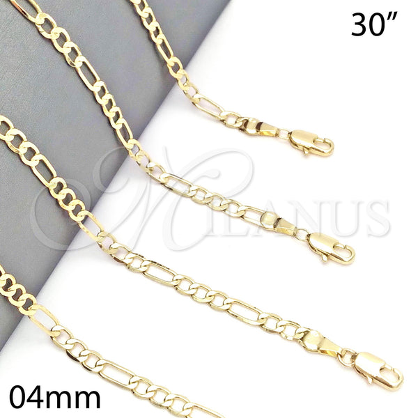 Oro Laminado Basic Necklace, Gold Filled Style Figaro Design, Polished, Golden Finish, 5.222.016.30 (100 Gauge, 04 MM Thickness, 30 Inches Length)