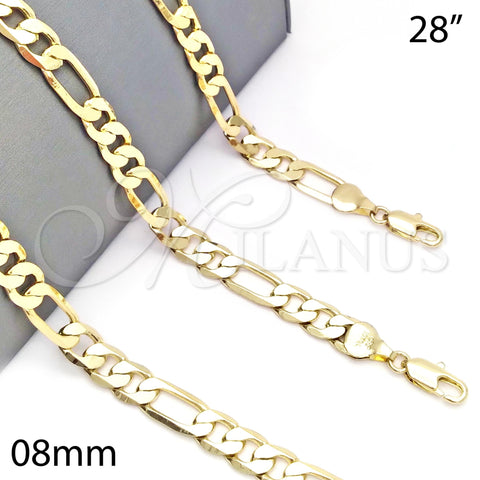 Oro Laminado Basic Necklace, Gold Filled Style Figaro Design, Polished, Golden Finish, 5.222.011.28 (200 Gauge, 08 MM Thickness, 28 Inches Length)