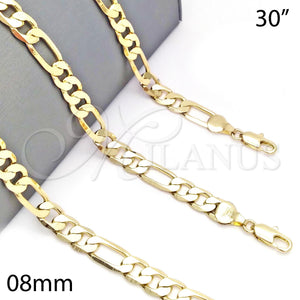 Oro Laminado Basic Necklace, Gold Filled Style Figaro Design, Polished, Golden Finish, 5.222.011.30 (200 Gauge, 08 MM Thickness, 30 Inches Length)