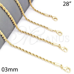 Oro Laminado Basic Necklace, Gold Filled Style Rope Design, Polished, Golden Finish, 5.222.035.28 (03 MM Thickness, 28 Inches Length)
