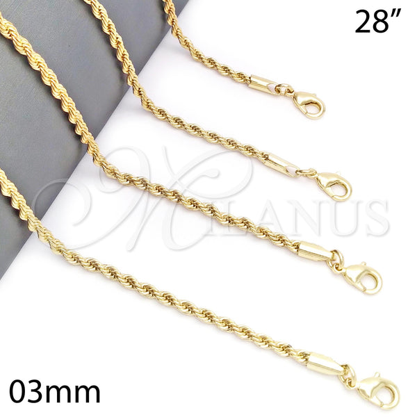Oro Laminado Basic Necklace, Gold Filled Style Rope Design, Polished, Golden Finish, 5.222.035.28 (03 MM Thickness, 28 Inches Length)