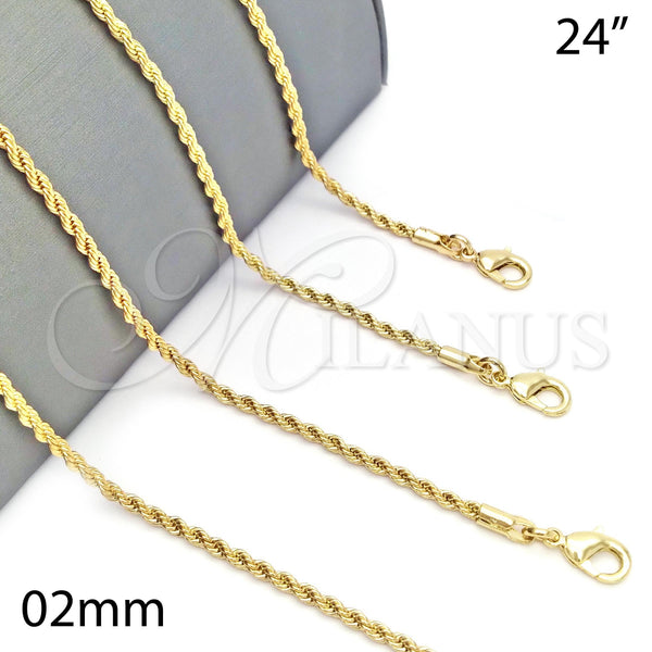 Oro Laminado Basic Necklace, Gold Filled Style Rope Design, Polished, Golden Finish, 5.222.036.24 (02 MM Thickness, 24 Inches Length)