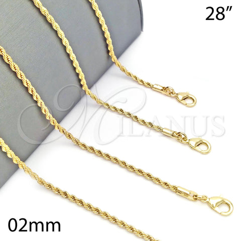 Oro Laminado Basic Necklace, Gold Filled Style Rope Design, Polished, Golden Finish, 5.222.036.28 (02 MM Thickness, 28 Inches Length)