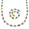 Oro Laminado Necklace and Bracelet, Gold Filled Style Evil Eye Design, Multicolor Resin Finish, Golden Finish, 06.63.0008.1