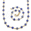 Oro Laminado Necklace and Bracelet, Gold Filled Style Evil Eye Design, Blue Resin Finish, Golden Finish, 06.63.0008.2
