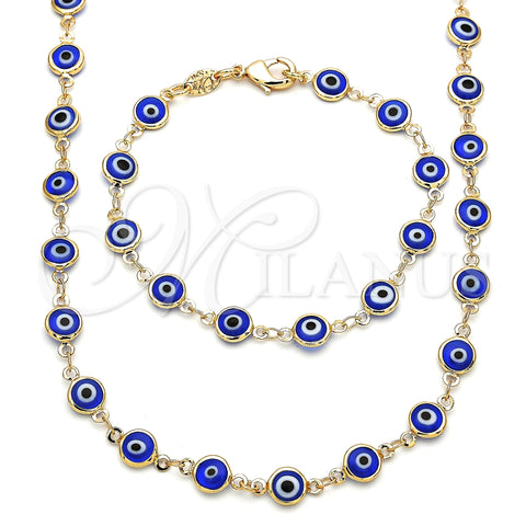 Oro Laminado Necklace and Bracelet, Gold Filled Style Evil Eye Design, Blue Resin Finish, Golden Finish, 06.63.0008.2