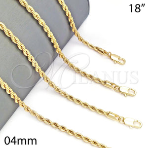 Oro Laminado Basic Necklace, Gold Filled Style Rope Design, Polished, Golden Finish, 5.222.034.18 (04 MM Thickness, 18 Inches Length)