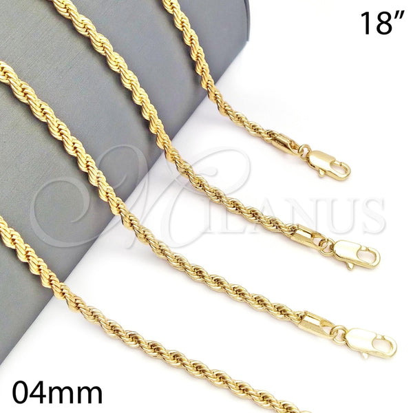 Oro Laminado Basic Necklace, Gold Filled Style Rope Design, Polished, Golden Finish, 5.222.034.18 (04 MM Thickness, 18 Inches Length)