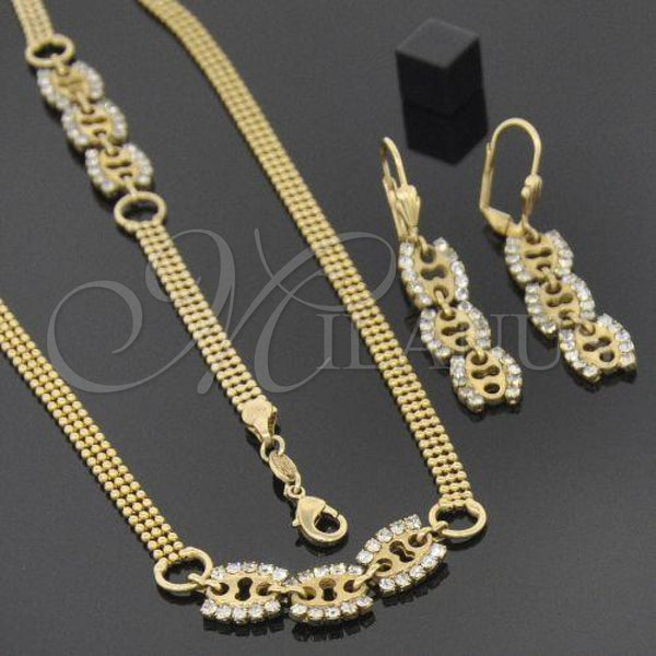 Oro Laminado Necklace, Bracelet and Earring, Gold Filled Style with White Cubic Zirconia, Polished, Golden Finish, 16.004