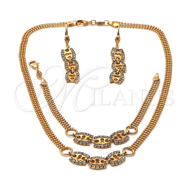Oro Laminado Necklace, Bracelet and Earring, Gold Filled Style with White Cubic Zirconia, Polished, Golden Finish, 16.004
