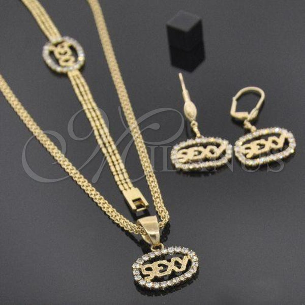 Oro Laminado Necklace, Bracelet and Earring, Gold Filled Style with White Cubic Zirconia, Polished, Golden Finish, 17.004