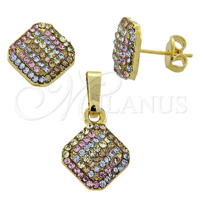 Oro Laminado Earring and Pendant Adult Set, Gold Filled Style with Multicolor Crystal, Polished, Golden Finish for wholesale, main product view