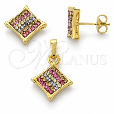 Oro Laminado Earring and Pendant Adult Set, Gold Filled Style with Multicolor Crystal, Polished, Golden Finish, 10.164.0017.1