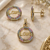 Oro Laminado Earring and Pendant Adult Set, Gold Filled Style Love Design, with Multicolor Crystal, Polished, Golden Finish, 10.164.0002.1