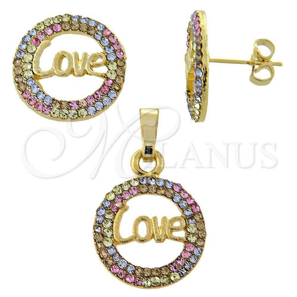 Oro Laminado Earring and Pendant Adult Set, Gold Filled Style Love Design, with Multicolor Crystal, Polished, Golden Finish, 10.164.0002.1