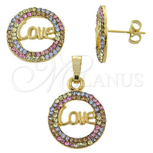 Oro Laminado Earring and Pendant Adult Set, Gold Filled Style Love Design, with Multicolor Crystal, Polished, Golden Finish, 10.164.0002.1