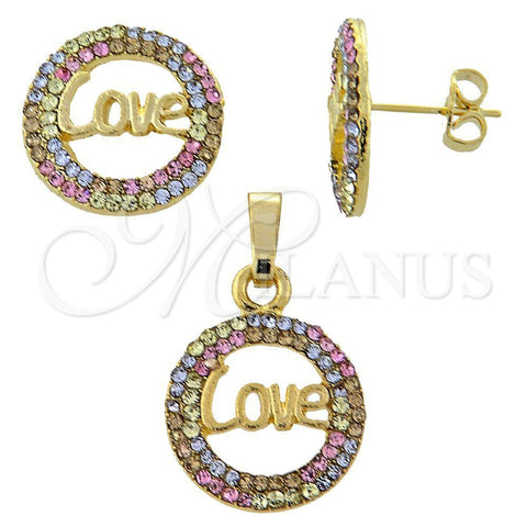 Oro Laminado Earring and Pendant Adult Set, Gold Filled Style Love Design, with Multicolor Crystal, Polished, Golden Finish, 10.164.0002.1