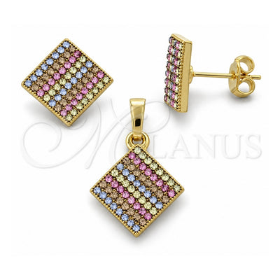 Oro Laminado Earring and Pendant Adult Set, Gold Filled Style with Multicolor Crystal, Polished, Golden Finish, 10.164.0026.1