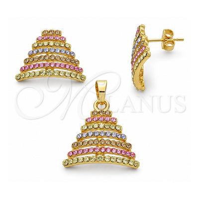 Oro Laminado Earring and Pendant Adult Set, Gold Filled Style with Multicolor Crystal, Polished, Golden Finish, 10.164.0004.1