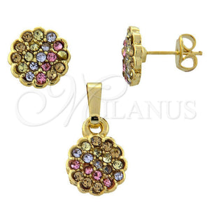 Oro Laminado Earring and Pendant Adult Set, Gold Filled Style Flower Design, with Multicolor Crystal, Polished, Golden Finish, 10.164.0022.1