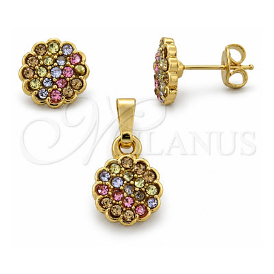 Oro Laminado Earring and Pendant Adult Set, Gold Filled Style Flower Design, with Multicolor Crystal, Polished, Golden Finish, 10.164.0022.1