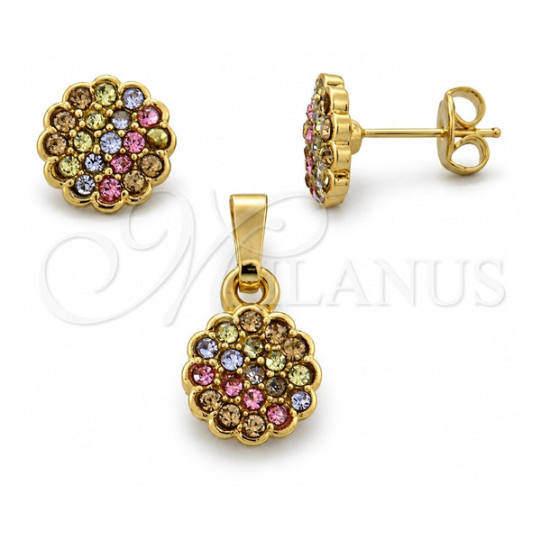 Oro Laminado Earring and Pendant Adult Set, Gold Filled Style Flower Design, with Multicolor Crystal, Polished, Golden Finish, 10.164.0022.1