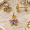 Oro Laminado Earring and Pendant Adult Set, Gold Filled Style Flower Design, with Multicolor Crystal, Polished, Golden Finish, 10.164.0025.1
