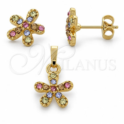 Oro Laminado Earring and Pendant Adult Set, Gold Filled Style Flower Design, with Multicolor Crystal, Polished, Golden Finish, 10.164.0025.1