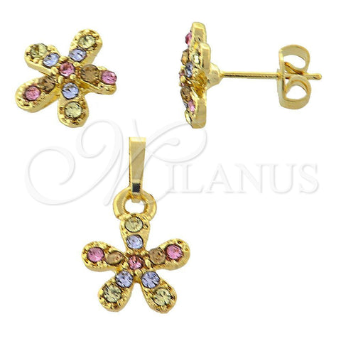 Oro Laminado Earring and Pendant Adult Set, Gold Filled Style Flower Design, with Multicolor Crystal, Polished, Golden Finish, 10.164.0025.1