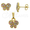 Oro Laminado Earring and Pendant Adult Set, Gold Filled Style Butterfly Design, with Multicolor Crystal, Polished, Golden Finish, 10.164.0029.1