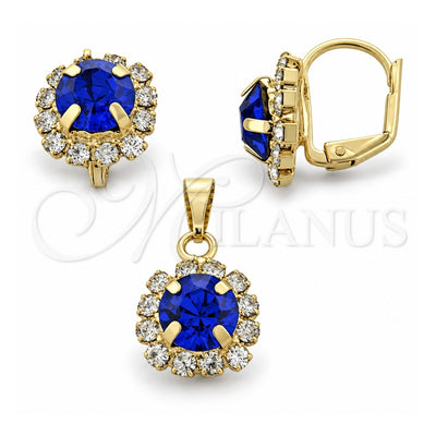 Oro Laminado Earring and Pendant Adult Set, Gold Filled Style Flower Design, with Sapphire Blue and White Cubic Zirconia, Polished, Golden Finish, 10.122.0001