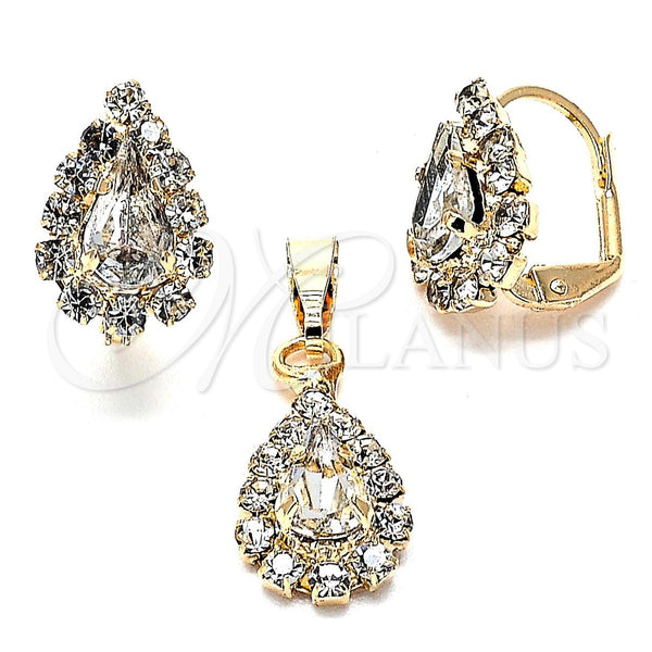 Oro Laminado Earring and Pendant Adult Set, Gold Filled Style Teardrop and Teardrop Design, with White Cubic Zirconia, Polished, Golden Finish, 10.122.0002