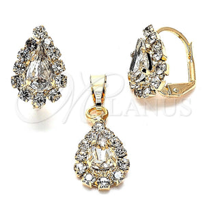 Oro Laminado Earring and Pendant Adult Set, Gold Filled Style Teardrop and Teardrop Design, with White Cubic Zirconia, Polished, Golden Finish, 10.122.0002