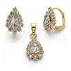 Oro Laminado Earring and Pendant Adult Set, Gold Filled Style Teardrop and Teardrop Design, with White Cubic Zirconia, Polished, Golden Finish, 10.122.0002
