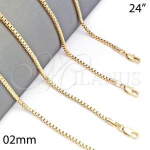 Oro Laminado Basic Necklace, Gold Filled Style Box Design, Polished, Golden Finish, 5.222.038.24 (02 MM Thickness, 24 Inches Length)
