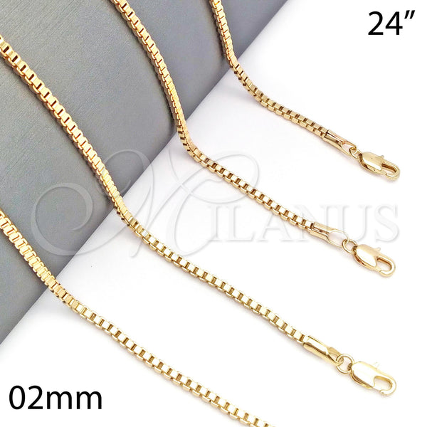 Oro Laminado Basic Necklace, Gold Filled Style Box Design, Polished, Golden Finish, 5.222.038.24 (02 MM Thickness, 24 Inches Length)
