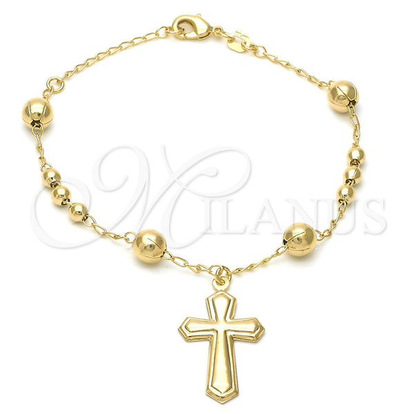Oro Laminado Bracelet Rosary, Gold Filled Style Cross Design, Polished, Golden Finish, 5.213.013.08