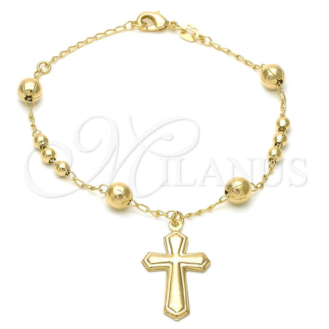 Oro Laminado Bracelet Rosary, Gold Filled Style Cross Design, Polished, Golden Finish, 5.213.013.08