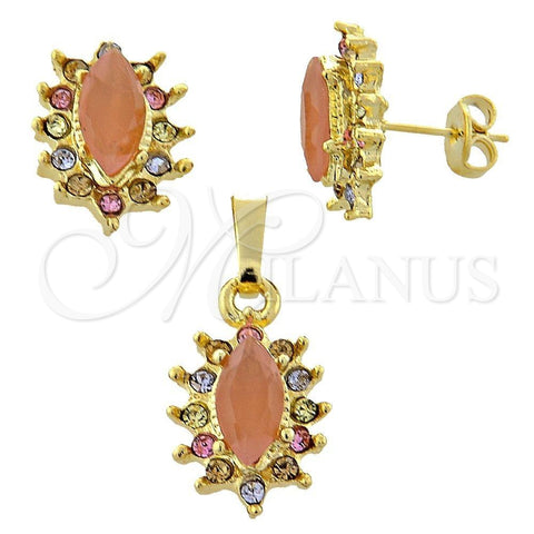 Oro Laminado Earring and Pendant Adult Set, Gold Filled Style with Dark Champagne Opal and Multicolor Crystal, Polished, Golden Finish, 10.164.0013.3